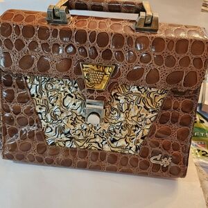 Brown Croc-Embossed Handbag with Gold Accents